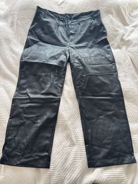 Black Faux Leather Cropped High Rise Wide Leg Pants